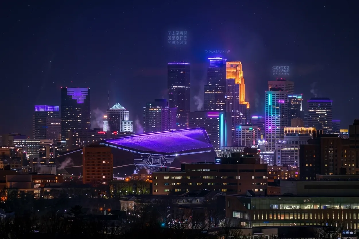 Downtown Minneapolis at night, with U.S. Bank Stadium's roof lit purple