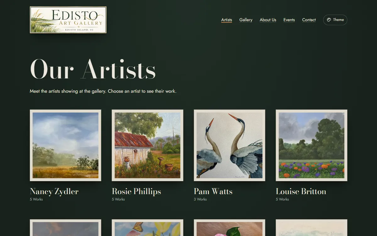 The Edisto Art Gallery artists page, with a framed painting for each artist