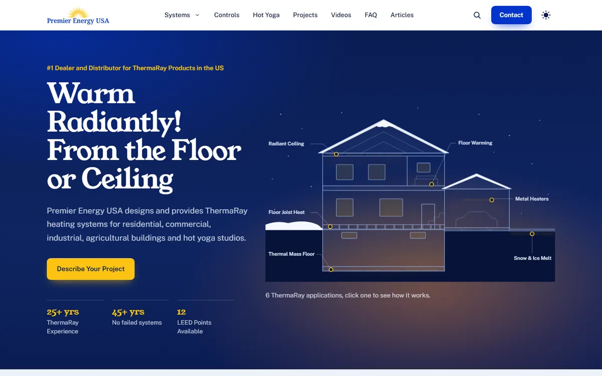 The Premier Energy USA homepage, with a diagram of a house showing where radiant heating can go